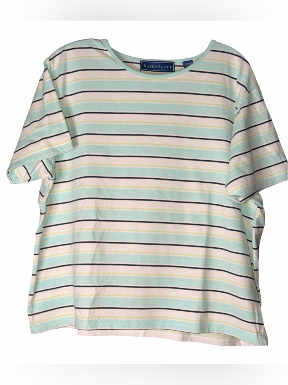 Karen Scott Navy Blue & Pastel Striped Tee Size XL